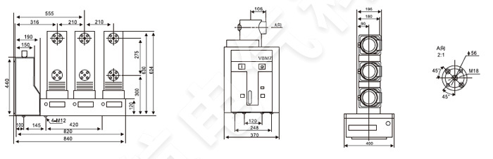 VS1-12側裝式戶內真空斷路器外形及安裝尺寸